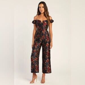 Lulu’s New Glam Midnight Blue Floral Jacquard Off-the-Shoulder Jumpsuit